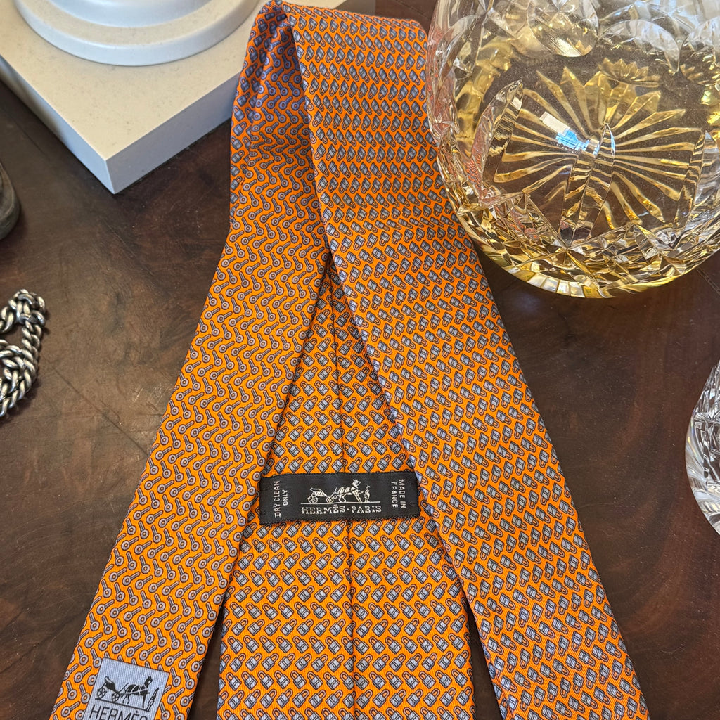 Hermes Lock & Key Orange Silk Tie Brand New