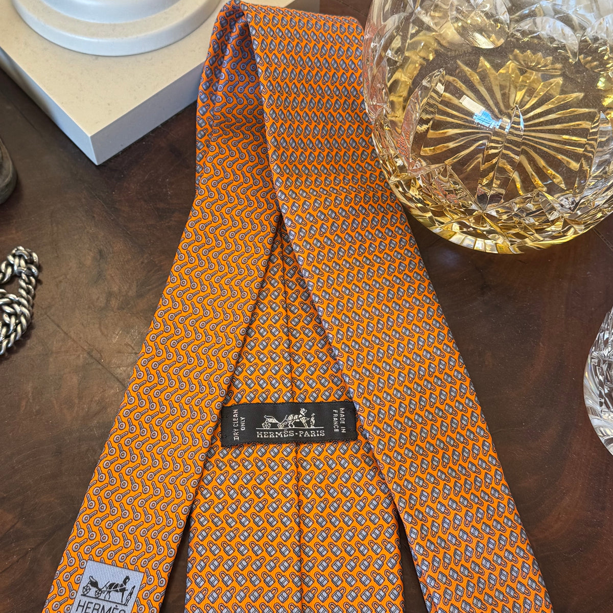 Hermes Lock & Key Orange Silk Tie Brand New