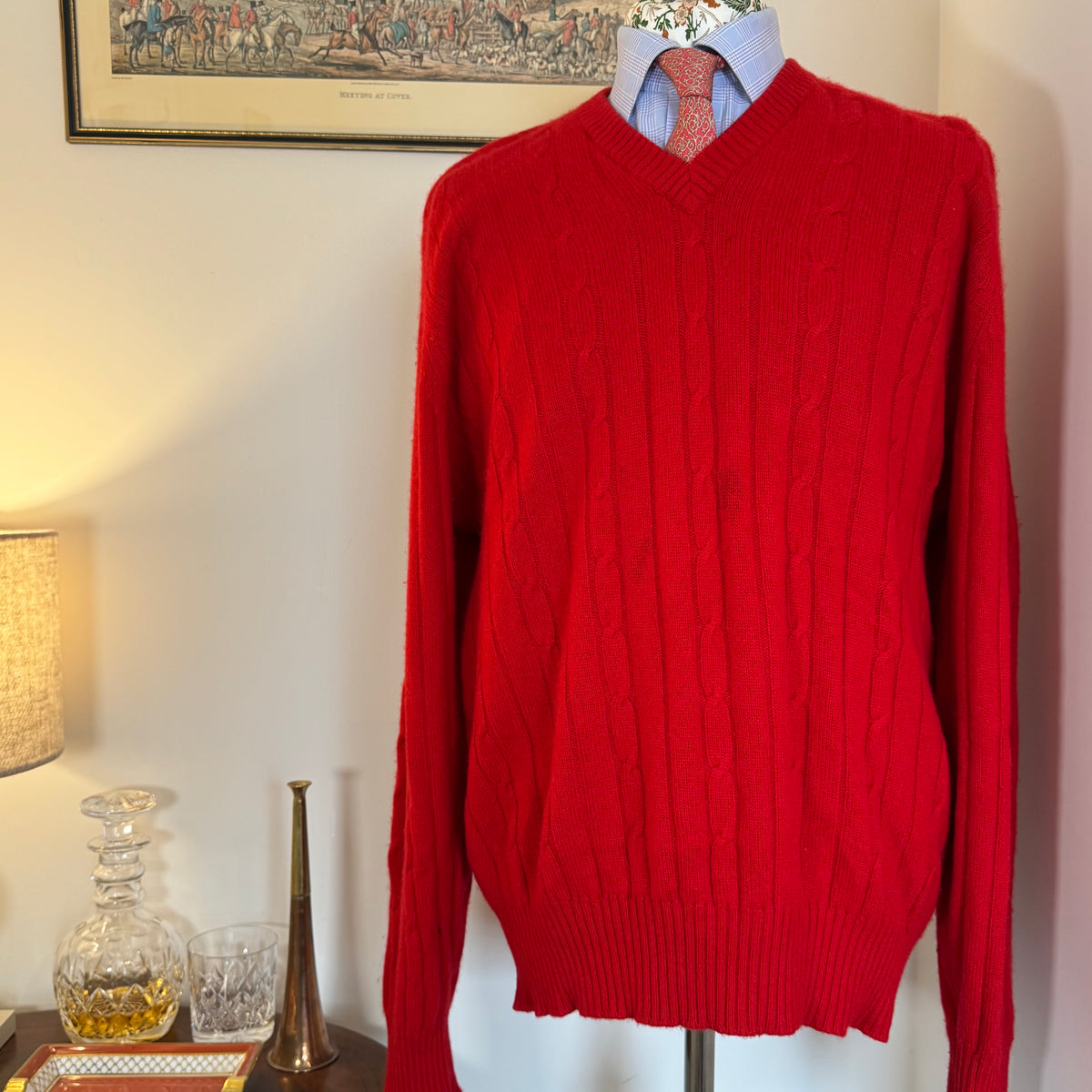 N.Peal 1990’s 100% Pure Cashmere Red Cable Knit V-Neck Jumper XL 44”