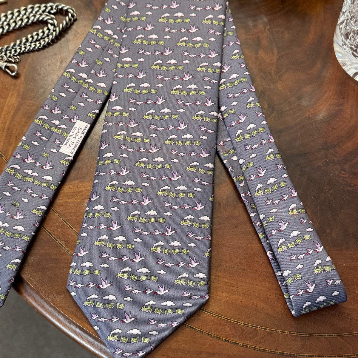 Hermes Trains & Geese Grey Silk Tie Unworn