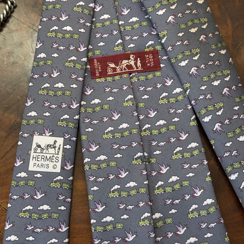 Hermes Trains & Geese Grey Silk Tie Unworn