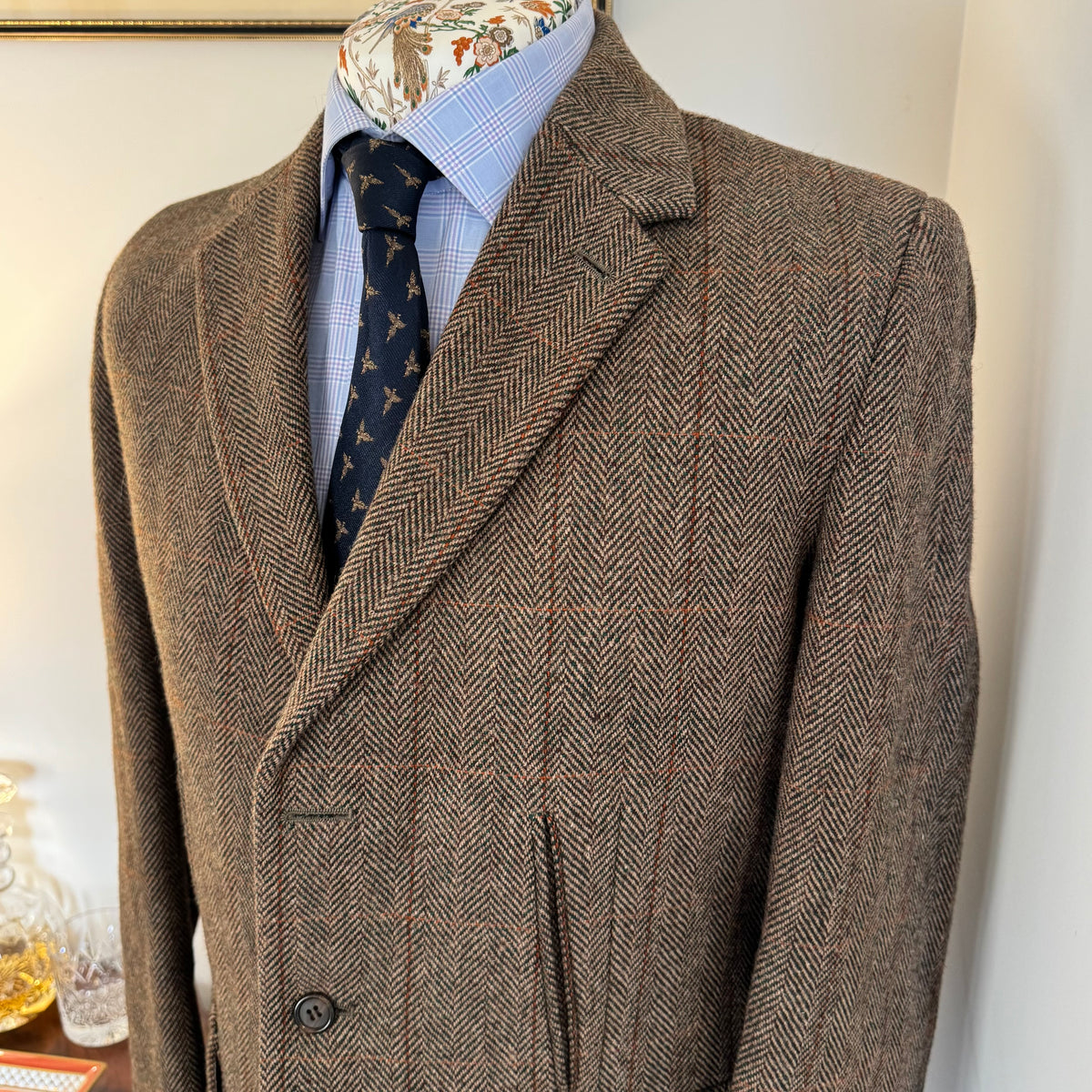 John Brocklehurst Herringbone Windowpane Tweed Norfolk Jacket 40”R