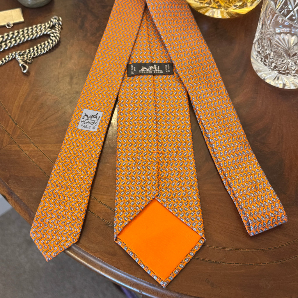 Hermes Lock & Key Orange Silk Tie Brand New