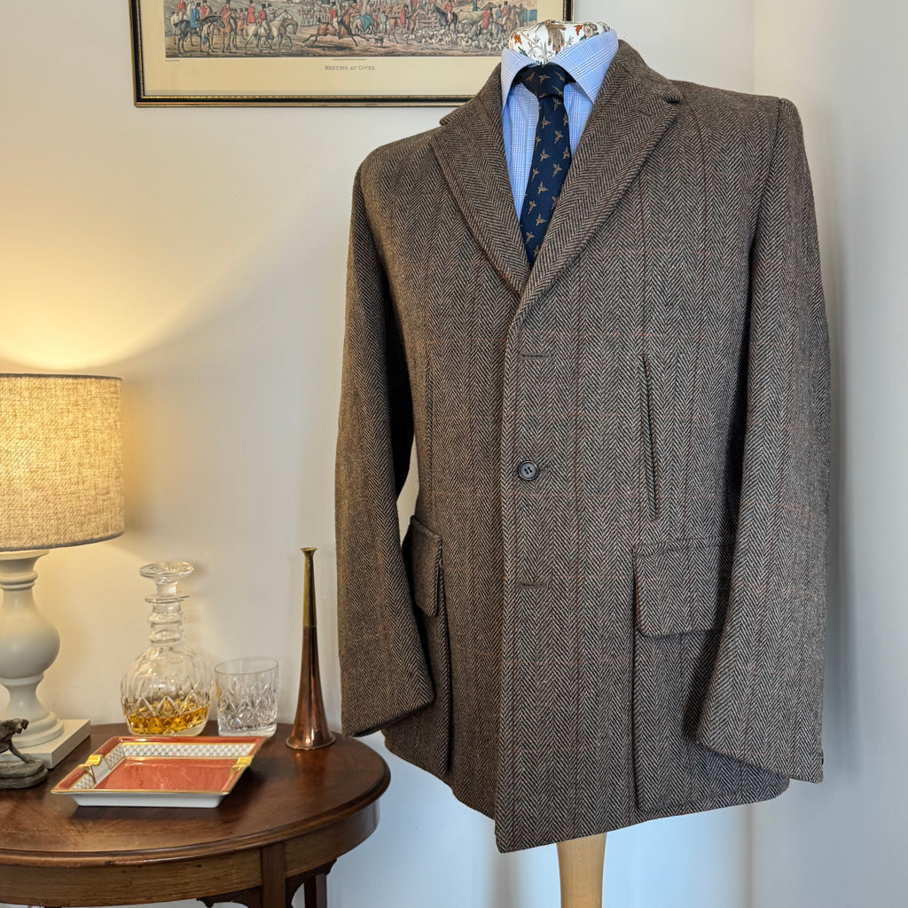 John Brocklehurst Herringbone Windowpane Tweed Norfolk Jacket 40”R
