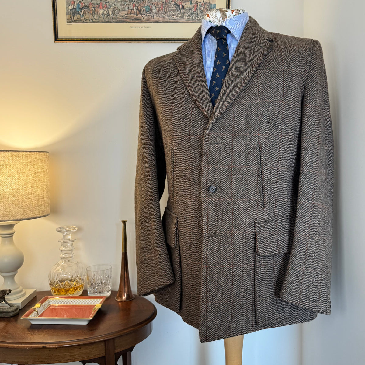 John Brocklehurst Herringbone Windowpane Tweed Norfolk Jacket 40”R