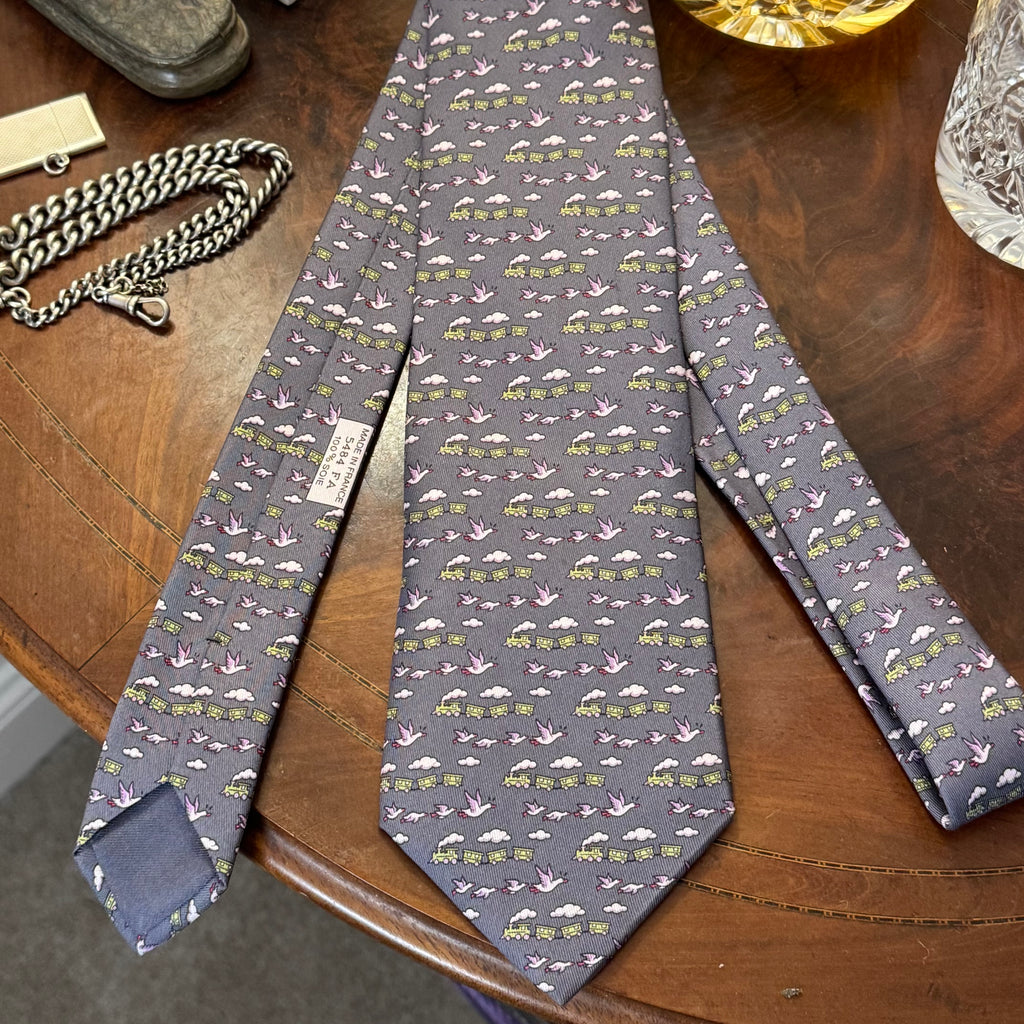 Hermes Trains & Geese Grey Silk Tie Unworn
