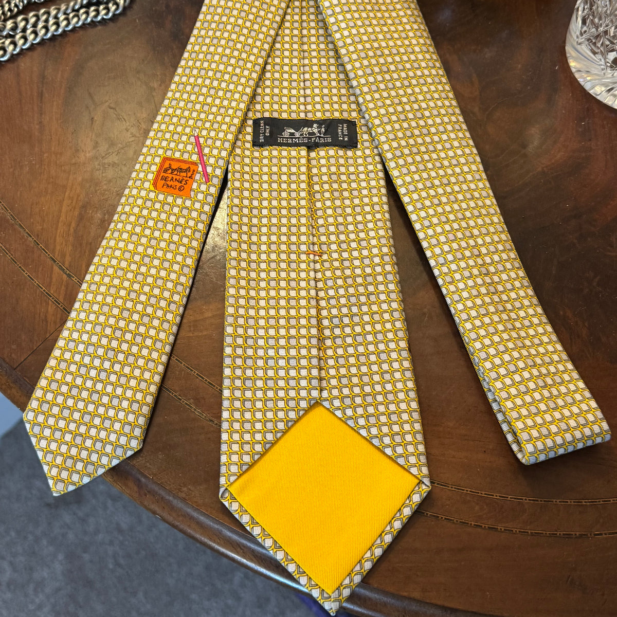Hermes Postit Note & Pencil Butter Yellow Silk Tie