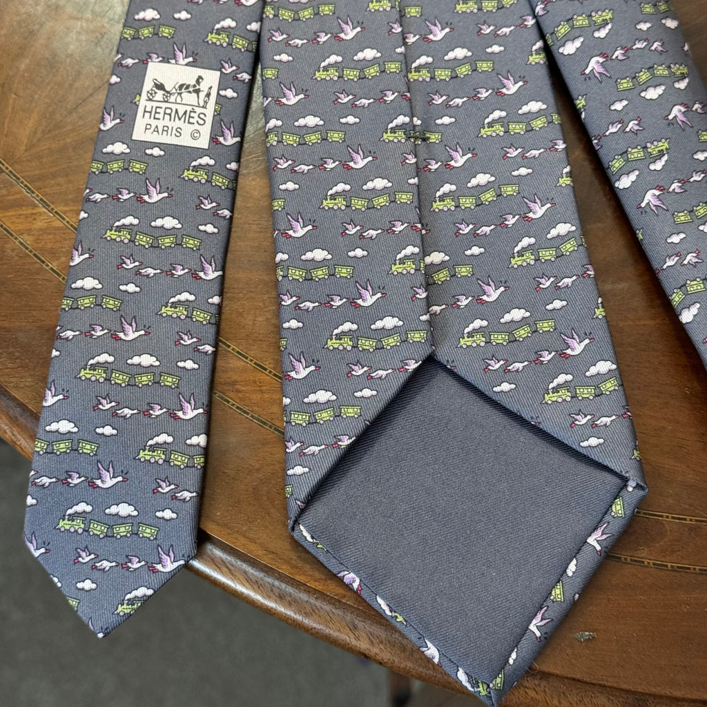 Hermes Trains & Geese Grey Silk Tie Unworn
