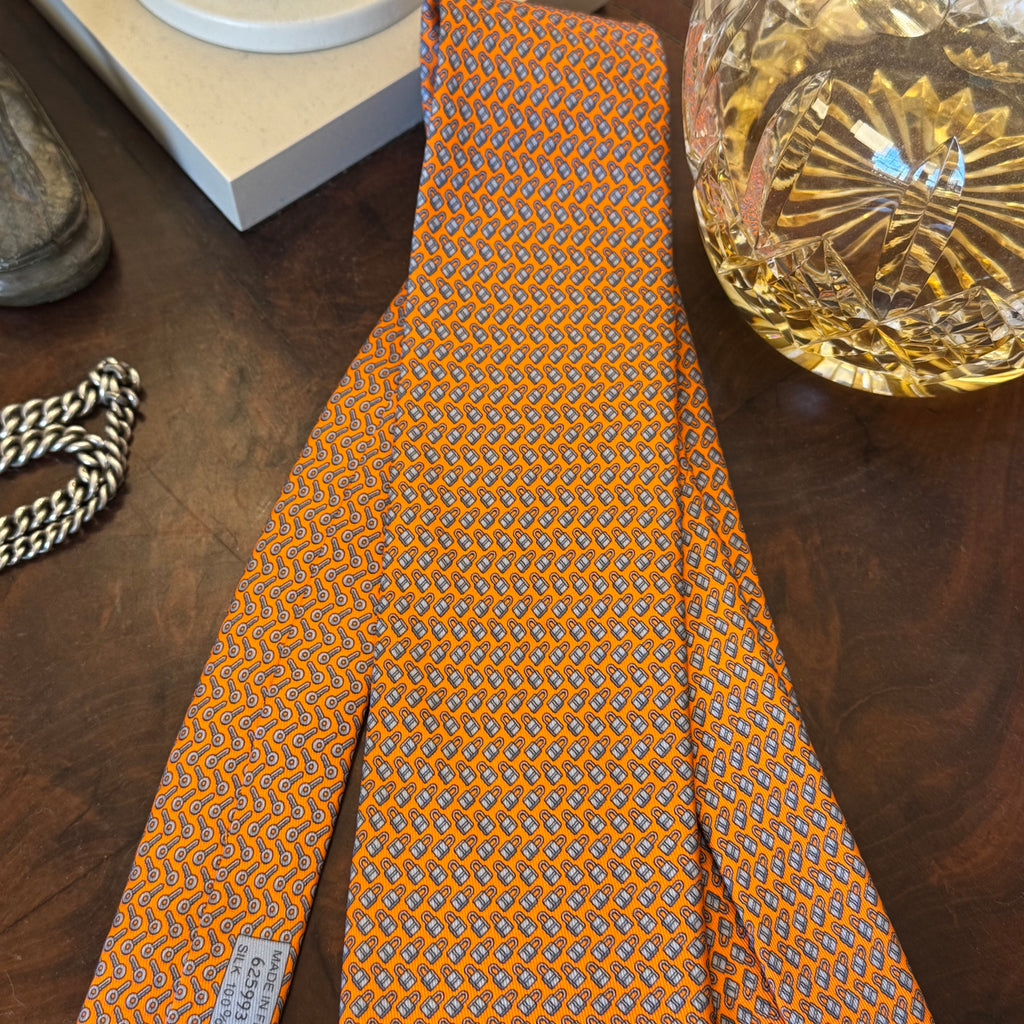 Hermes Lock & Key Orange Silk Tie Brand New