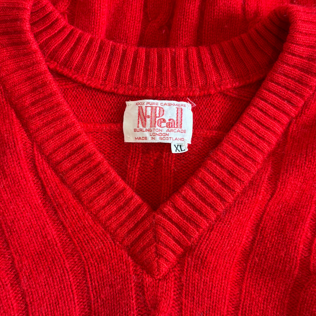 N.Peal 1990’s 100% Pure Cashmere Red Cable Knit V-Neck Jumper XL 44”