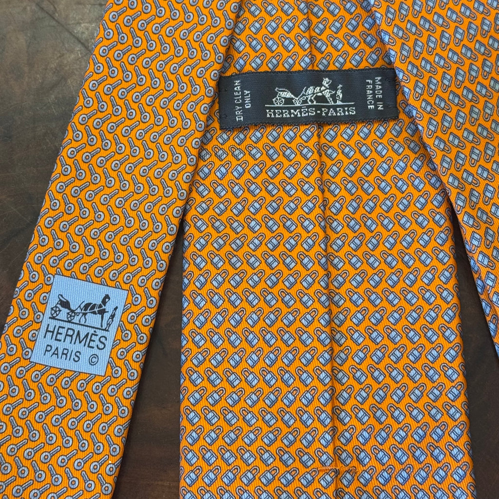 Hermes Lock & Key Orange Silk Tie Brand New