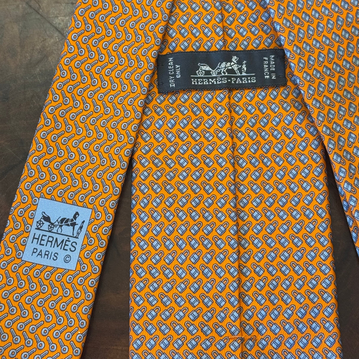 Hermes Lock & Key Orange Silk Tie Brand New