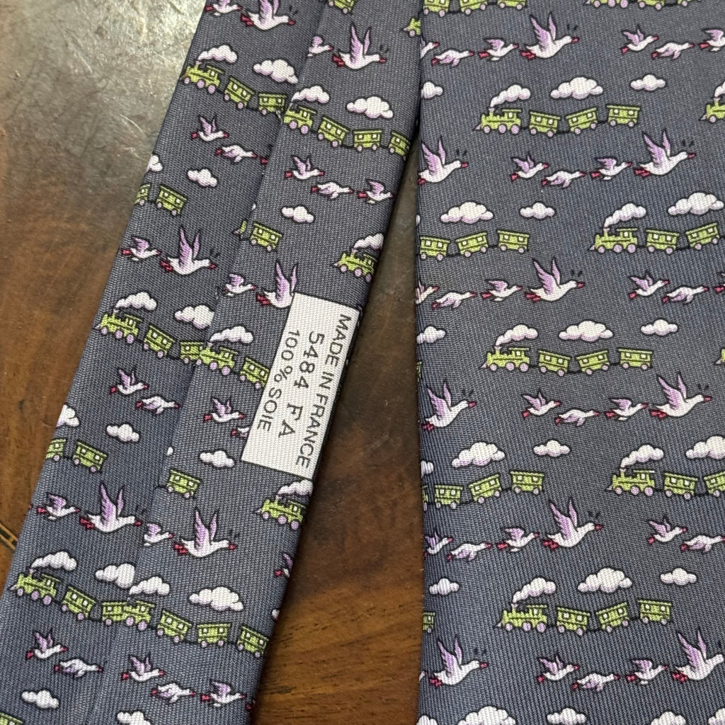 Hermes Trains & Geese Grey Silk Tie Unworn