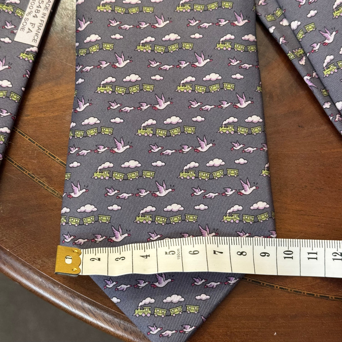 Hermes Trains & Geese Grey Silk Tie Unworn