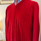 N.Peal 1990’s 100% Pure Cashmere Red Cable Knit V-Neck Jumper XL 44”