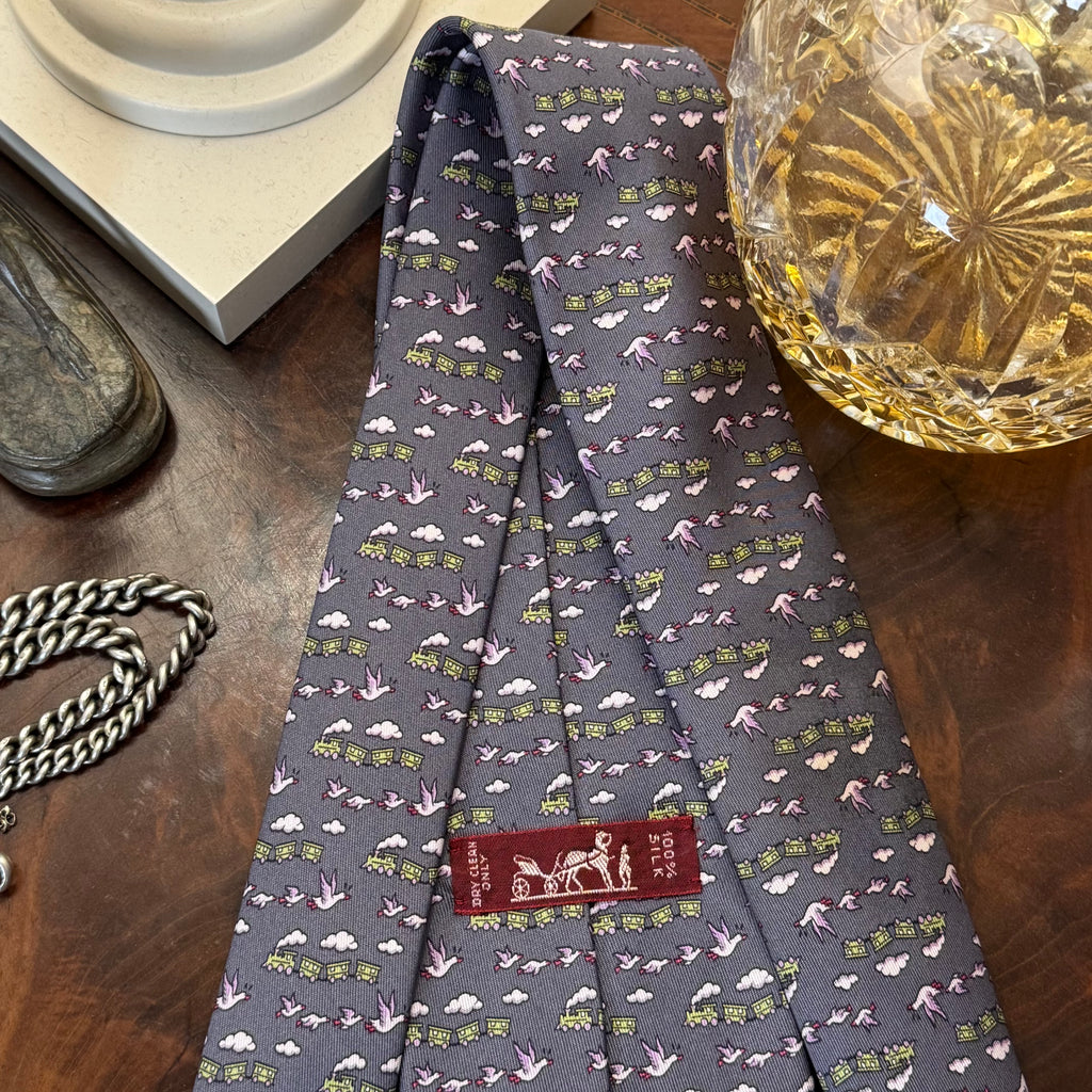 Hermes Trains & Geese Grey Silk Tie Unworn