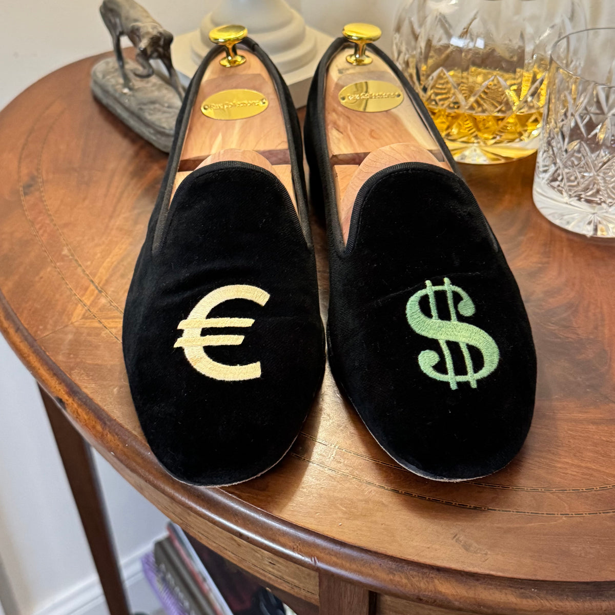 Stubbs & Wootton Dollar Euro Money Black Velvet Albert Slippers 9uk