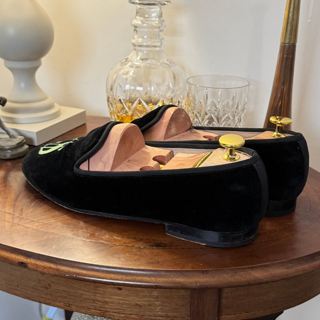Stubbs & Wootton Dollar Euro Money Black Velvet Albert Slippers 9uk