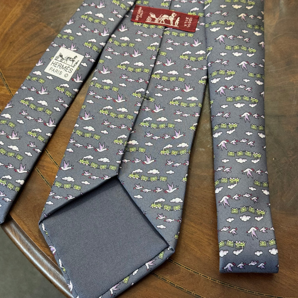 Hermes Trains & Geese Grey Silk Tie Unworn