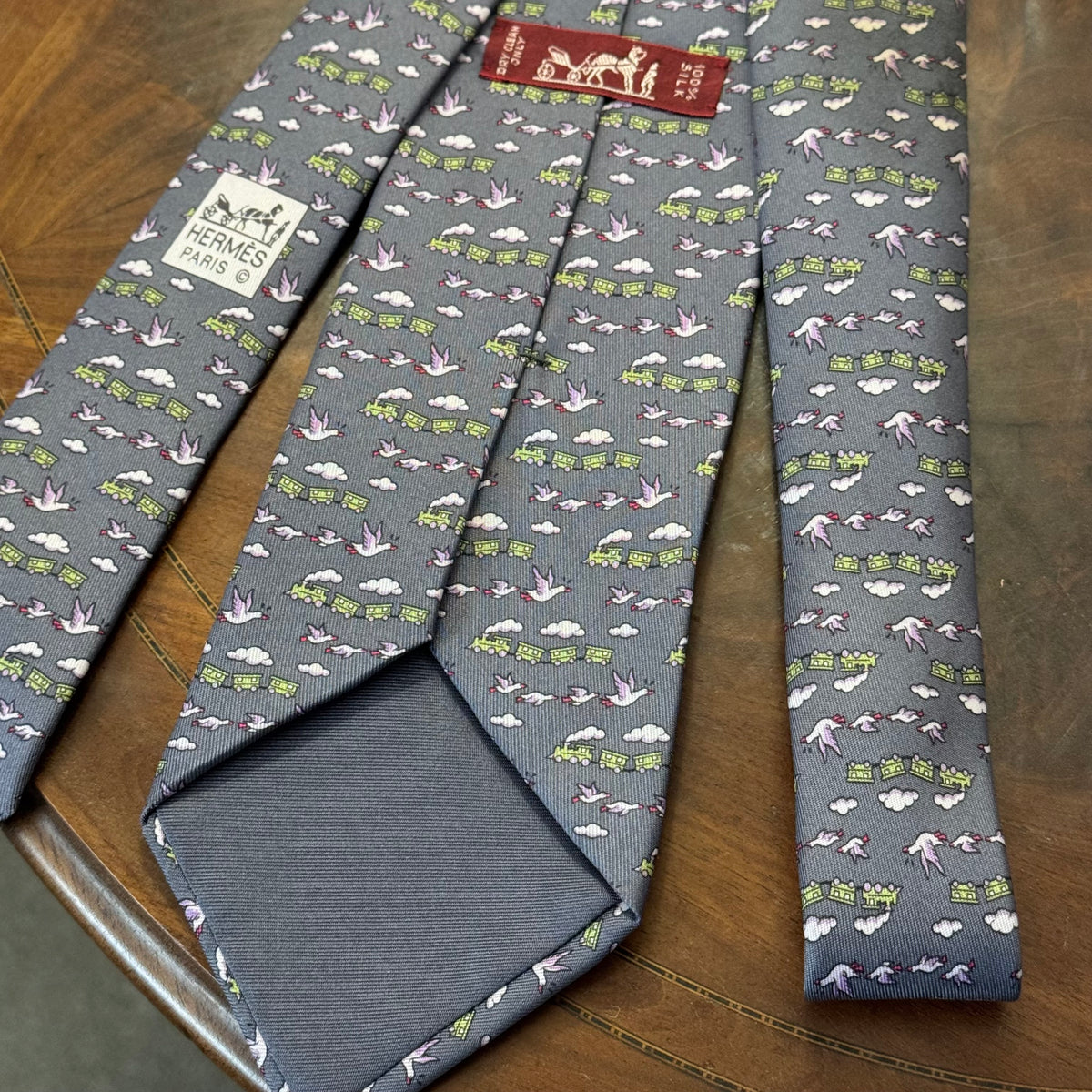 Hermes Trains & Geese Grey Silk Tie Unworn