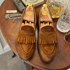 Wildsmith by Edward Green Kiltie Fringe Penny Loafers Snuff Brown Suede 9uk