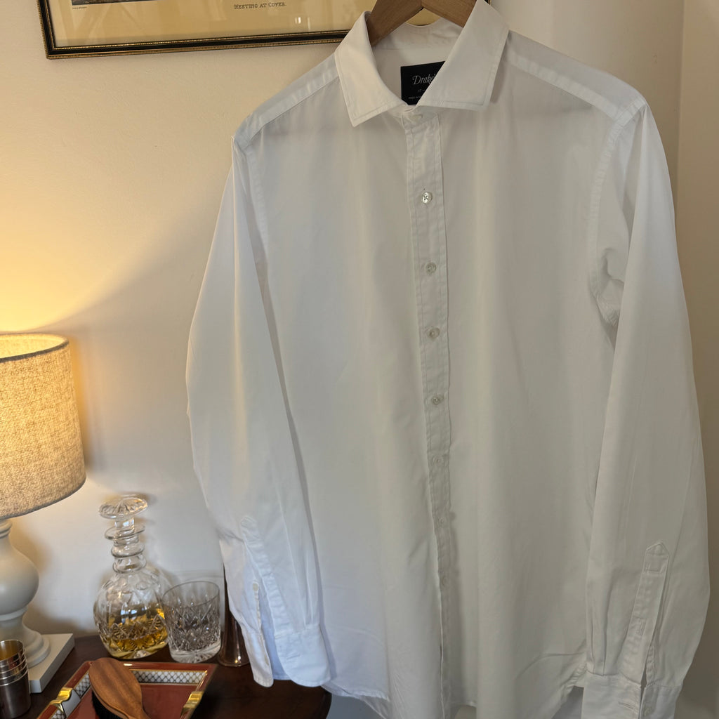 Drake’s White Poplin Spread Collar Shirt 17” XL