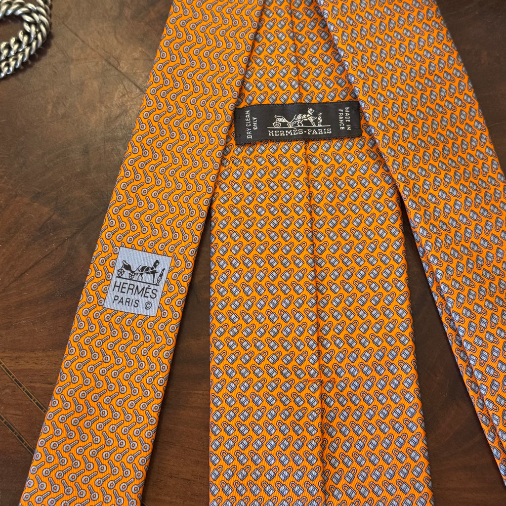 Hermes Lock & Key Orange Silk Tie Brand New