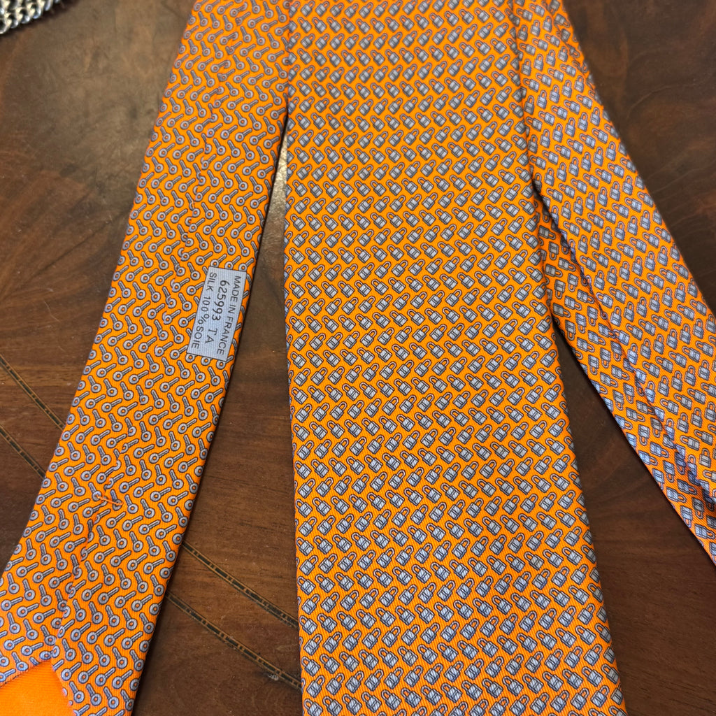 Hermes Lock & Key Orange Silk Tie Brand New