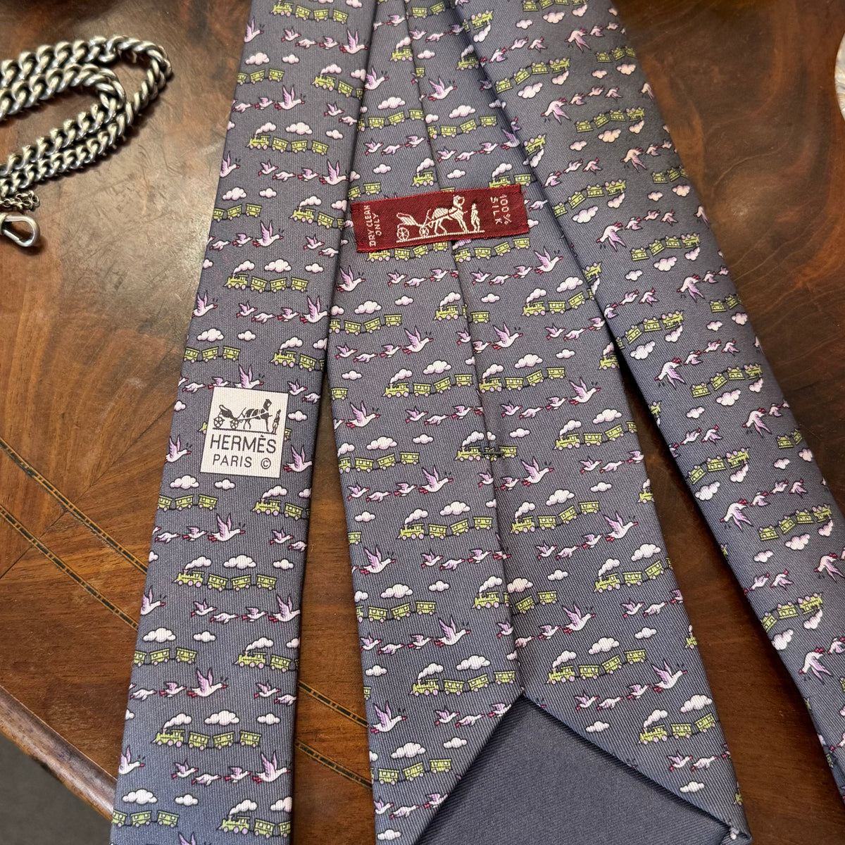 Hermes Trains & Geese Grey Silk Tie Unworn