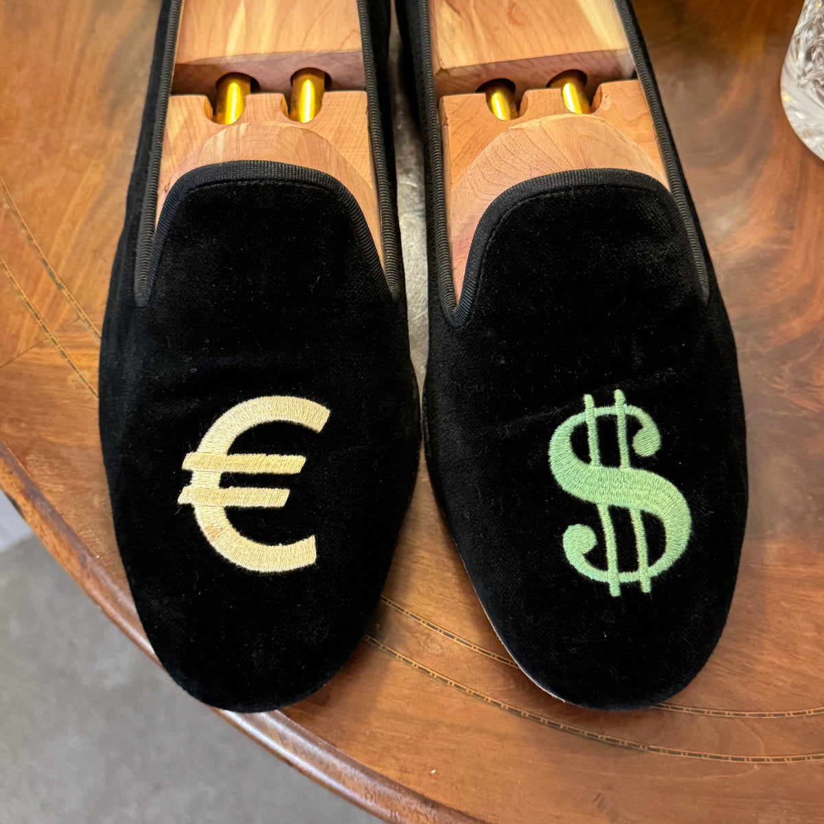Stubbs & Wootton Dollar Euro Money Black Velvet Albert Slippers 9uk