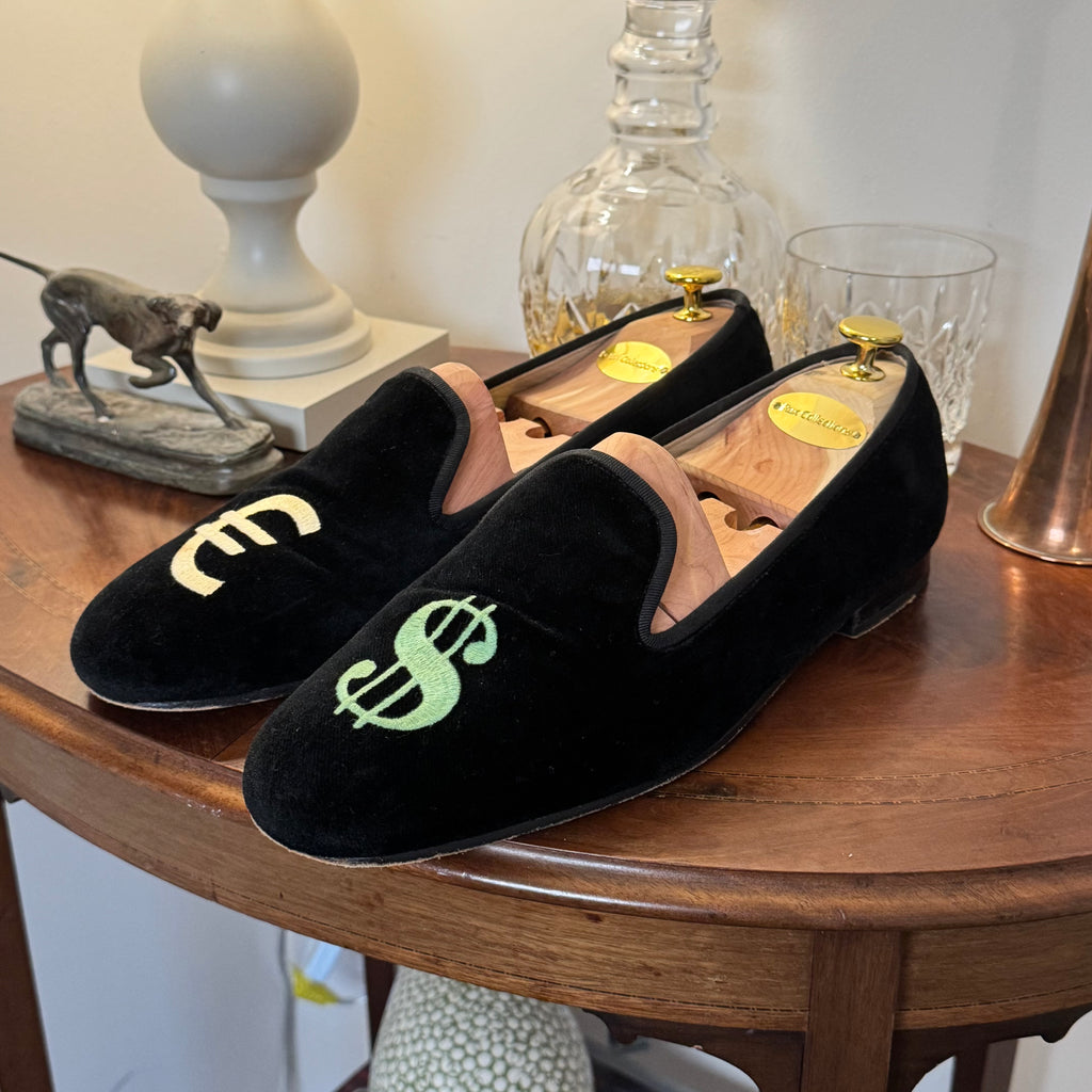 Stubbs & Wootton Dollar Euro Money Black Velvet Albert Slippers 9uk