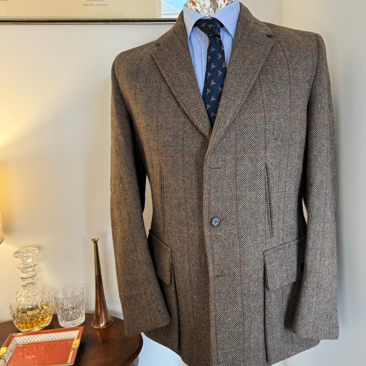 John Brocklehurst Herringbone Windowpane Tweed Norfolk Jacket 40”R