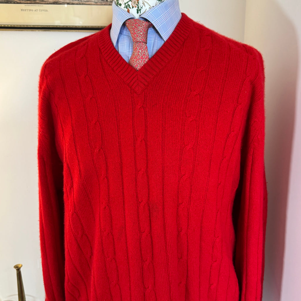 N.Peal 1990’s 100% Pure Cashmere Red Cable Knit V-Neck Jumper XL 44”