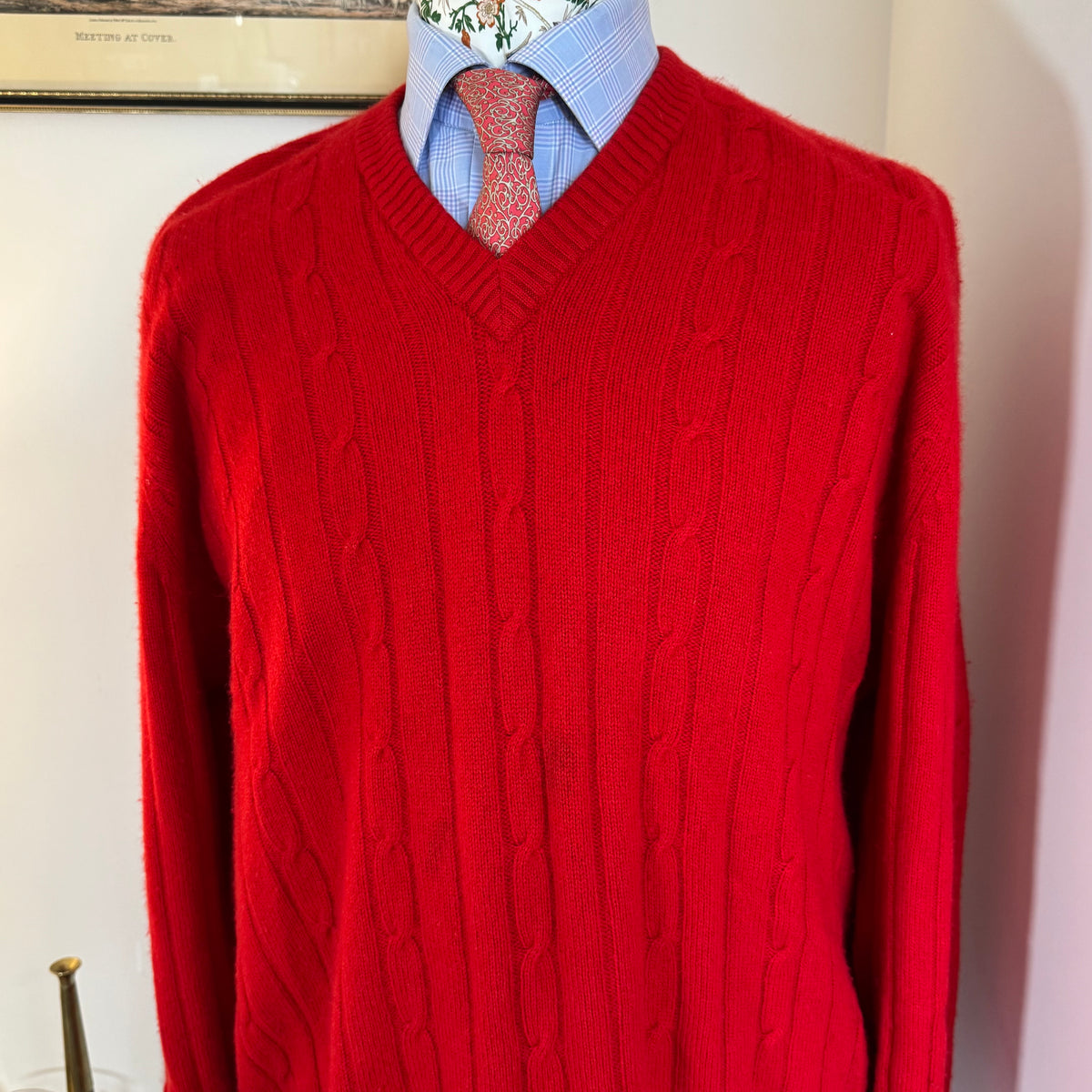 N.Peal 1990’s 100% Pure Cashmere Red Cable Knit V-Neck Jumper XL 44”