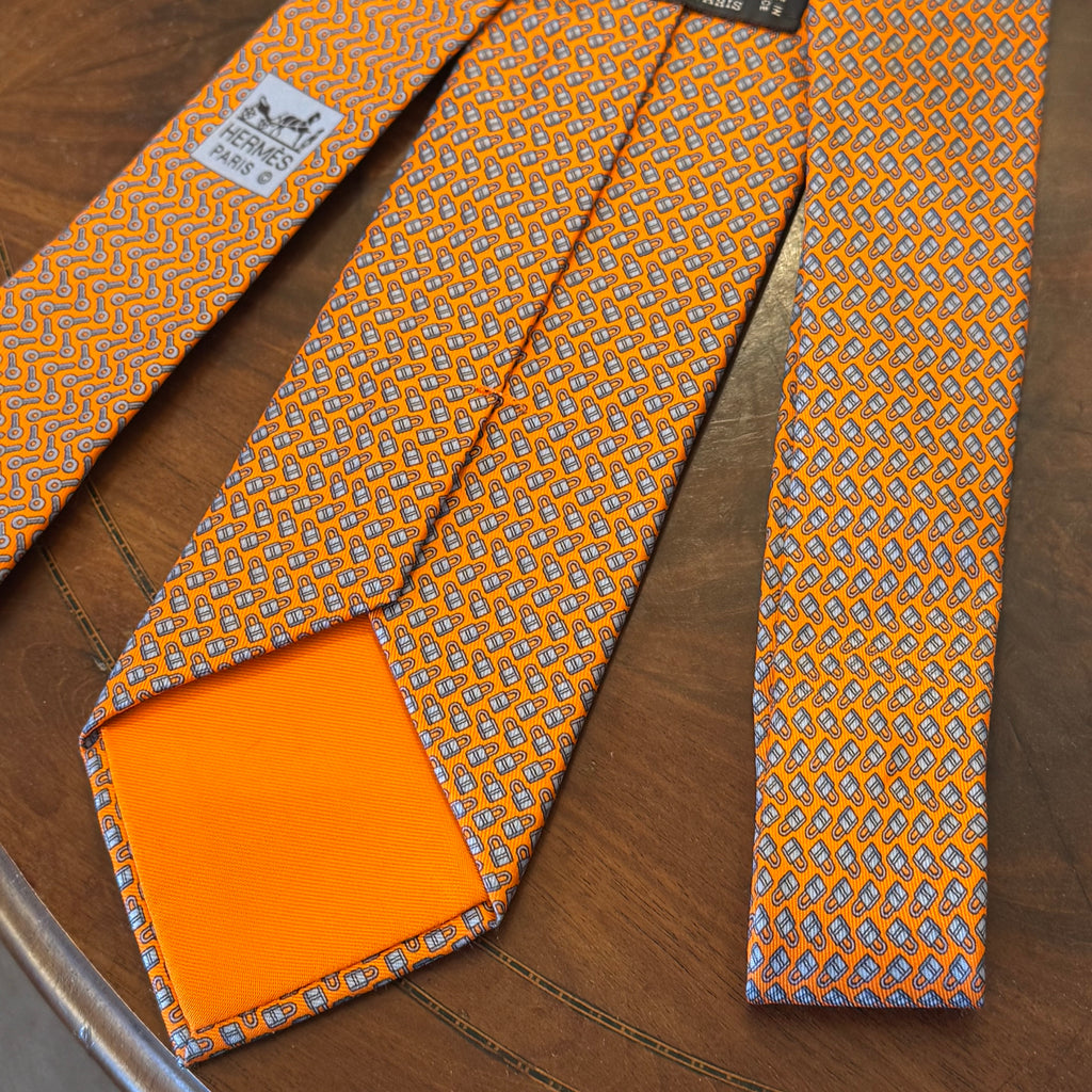 Hermes Lock & Key Orange Silk Tie Brand New