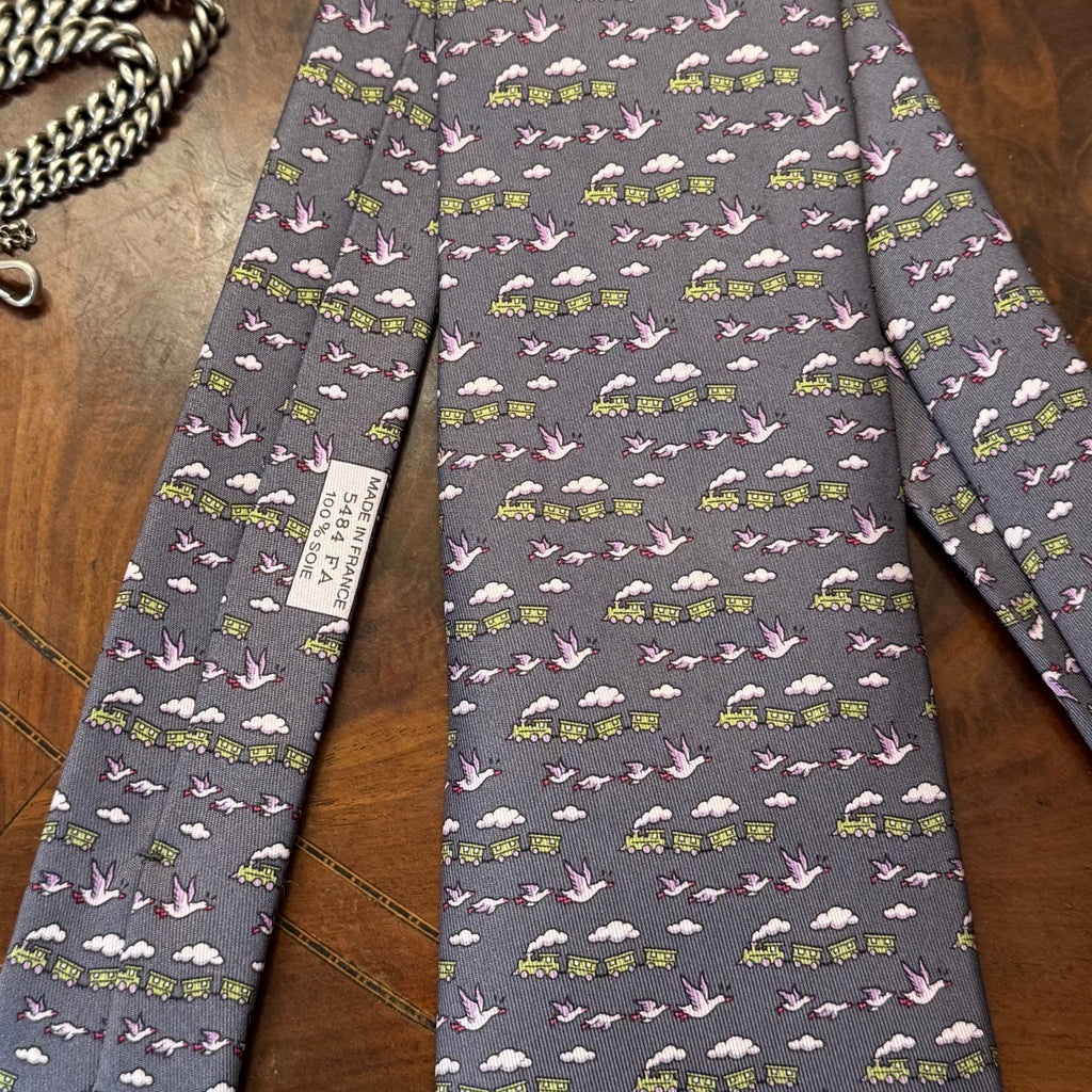 Hermes Trains & Geese Grey Silk Tie Unworn
