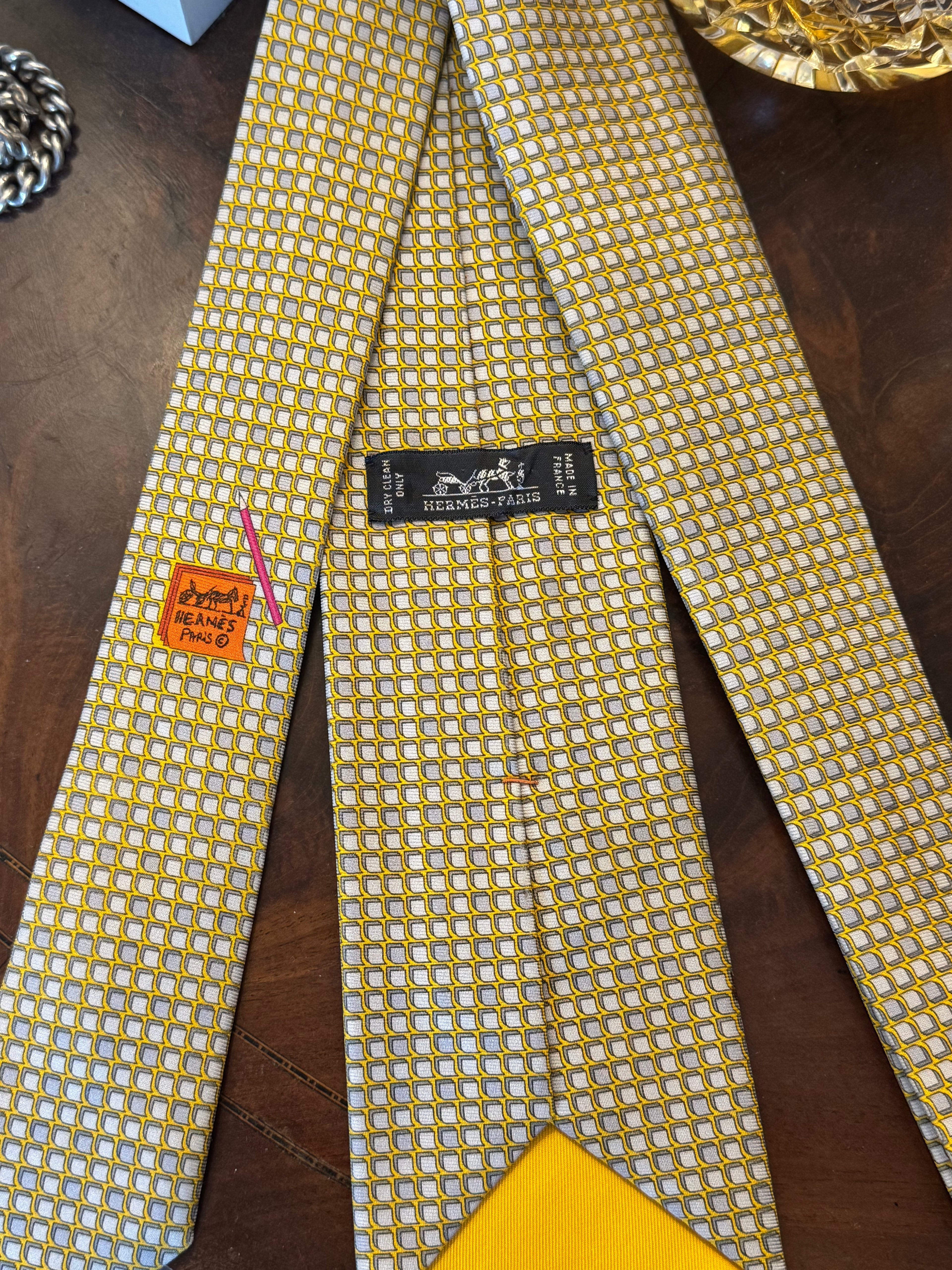 Hermes Postit Note & Pencil Butter Yellow Silk Tie