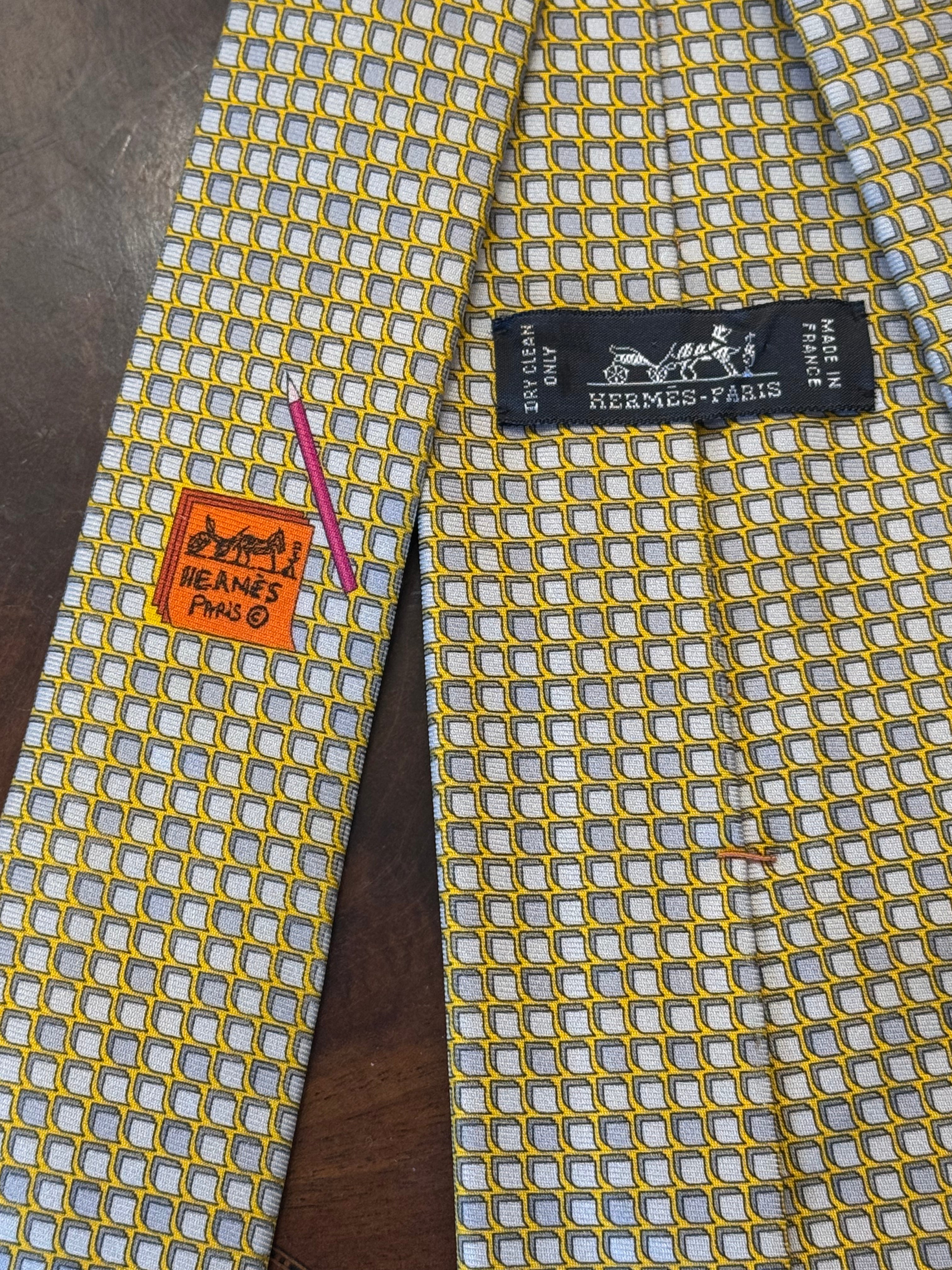 Hermes Postit Note & Pencil Butter Yellow Silk Tie