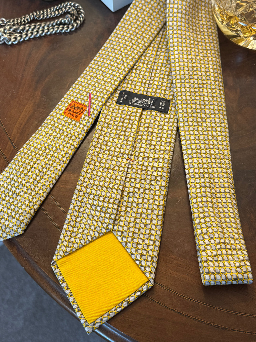 Hermes Postit Note & Pencil Butter Yellow Silk Tie