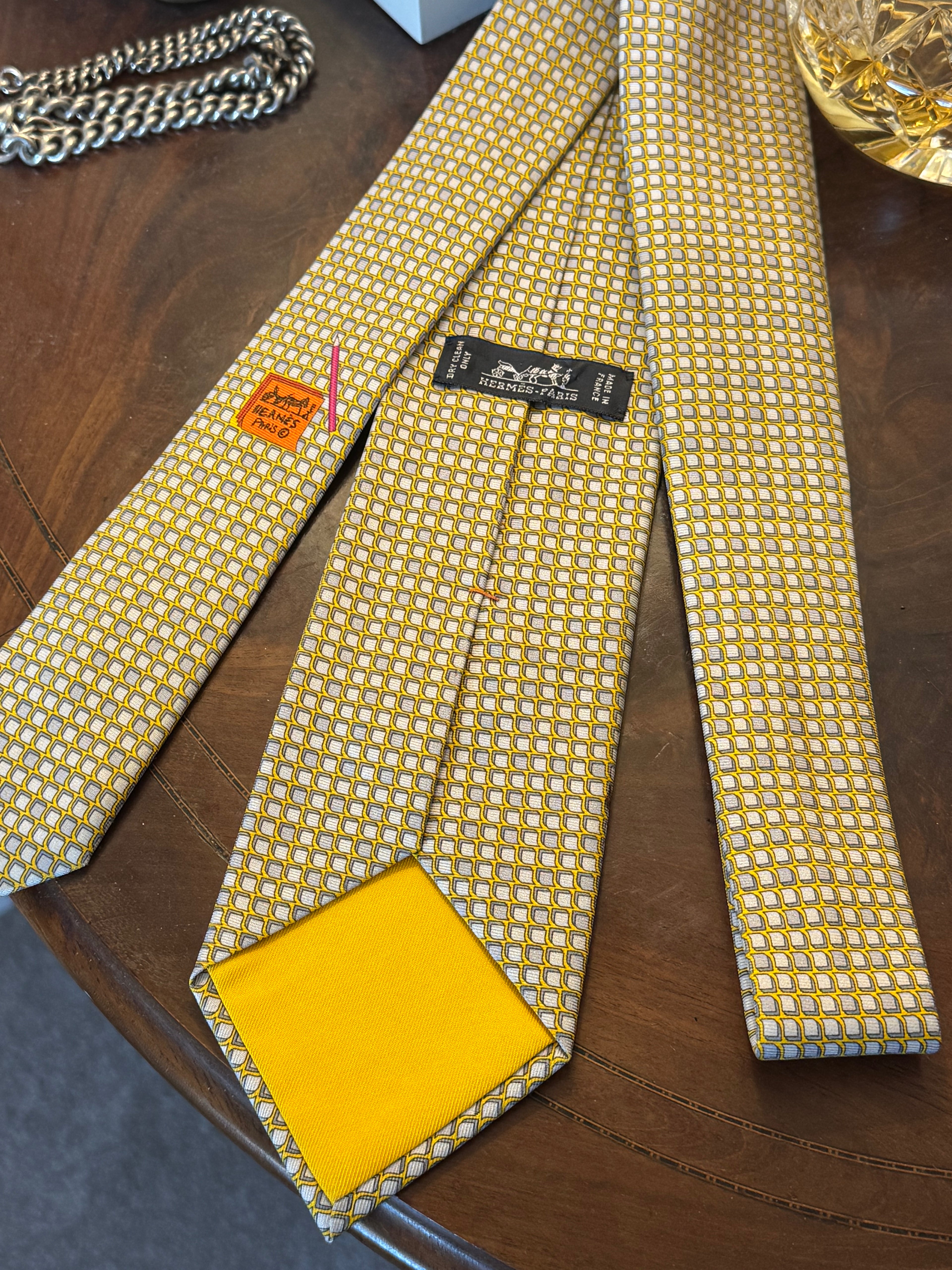 Hermes Postit Note & Pencil Butter Yellow Silk Tie