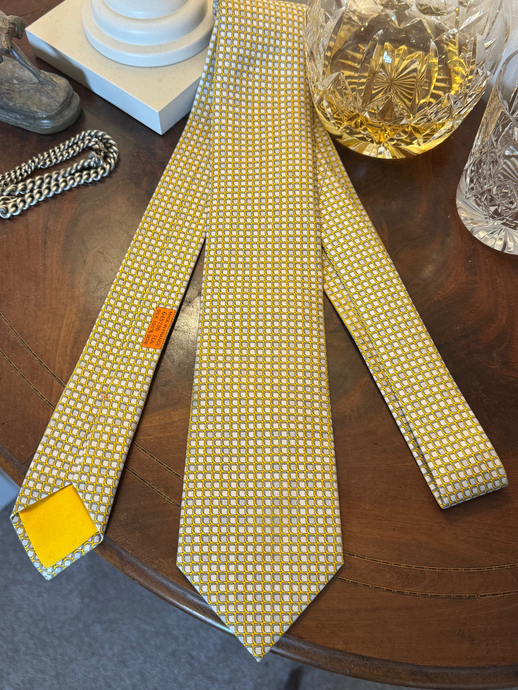 Hermes Postit Note & Pencil Butter Yellow Silk Tie