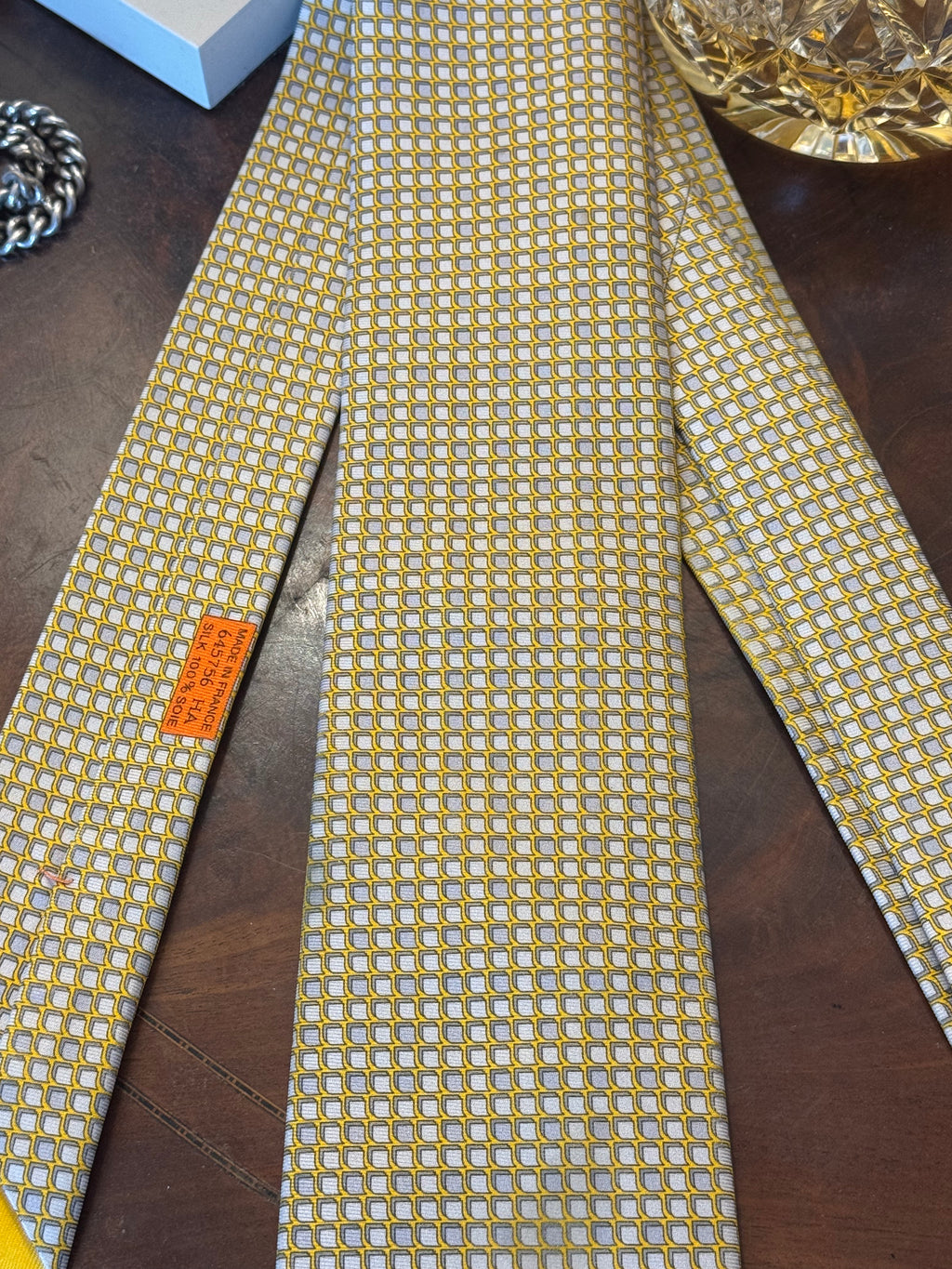 Hermes Postit Note & Pencil Butter Yellow Silk Tie