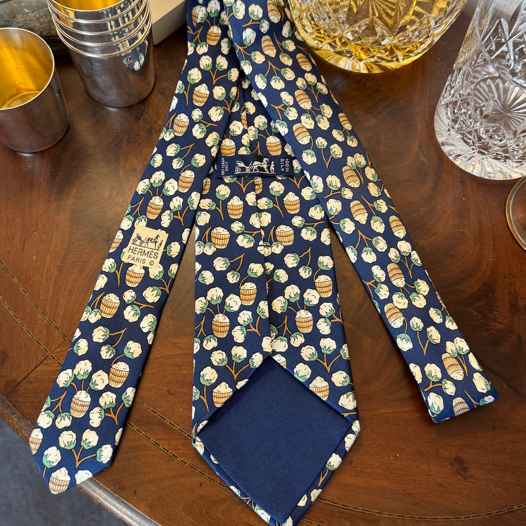 Hermes Cotton Plant Flowers Navy Blue Silk Tie