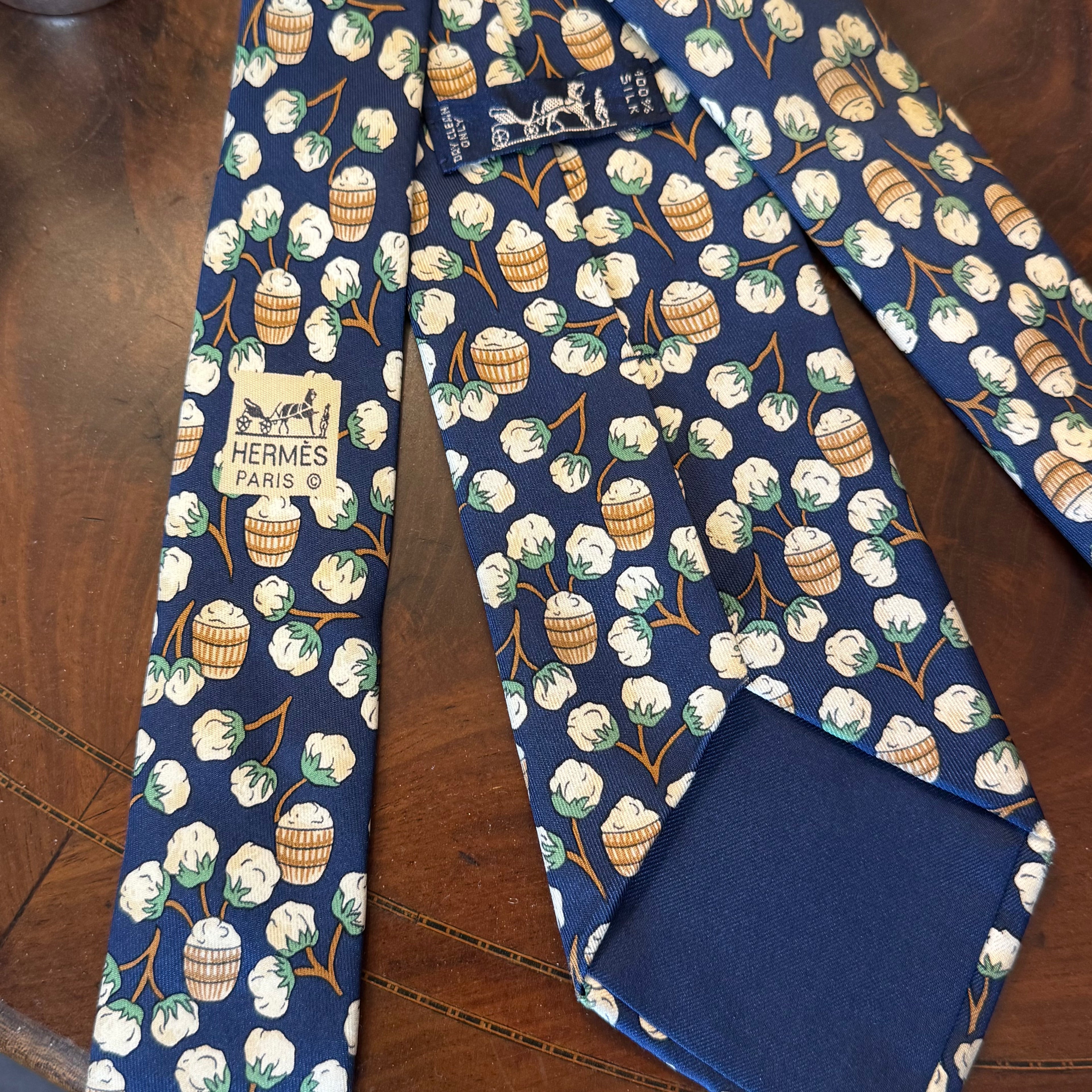 Hermes Cotton Plant Flowers Navy Blue Silk Tie