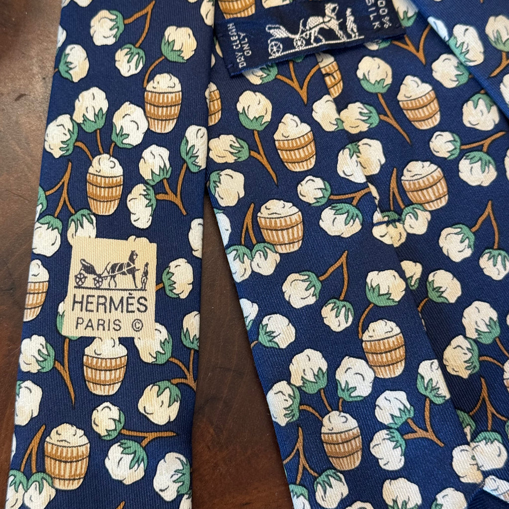 Hermes Cotton Plant Flowers Navy Blue Silk Tie