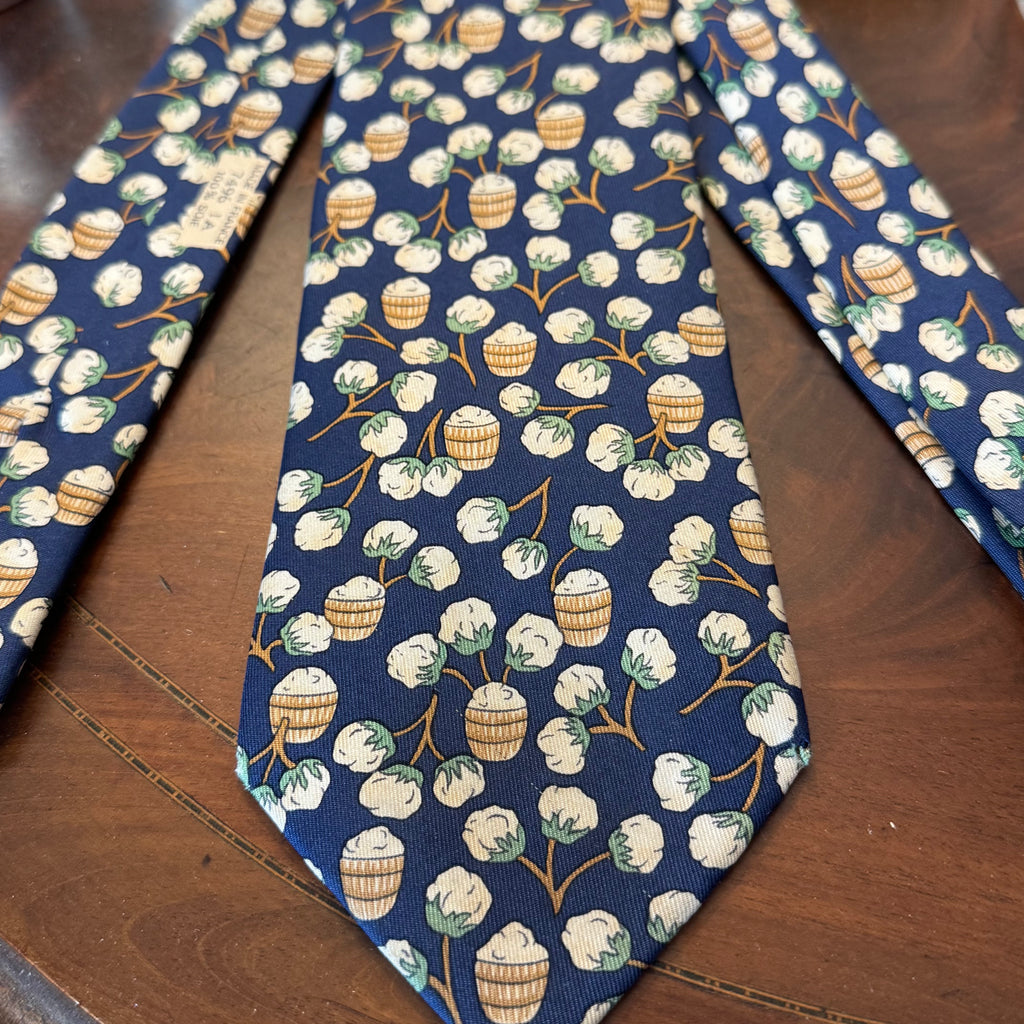 Hermes Cotton Plant Flowers Navy Blue Silk Tie