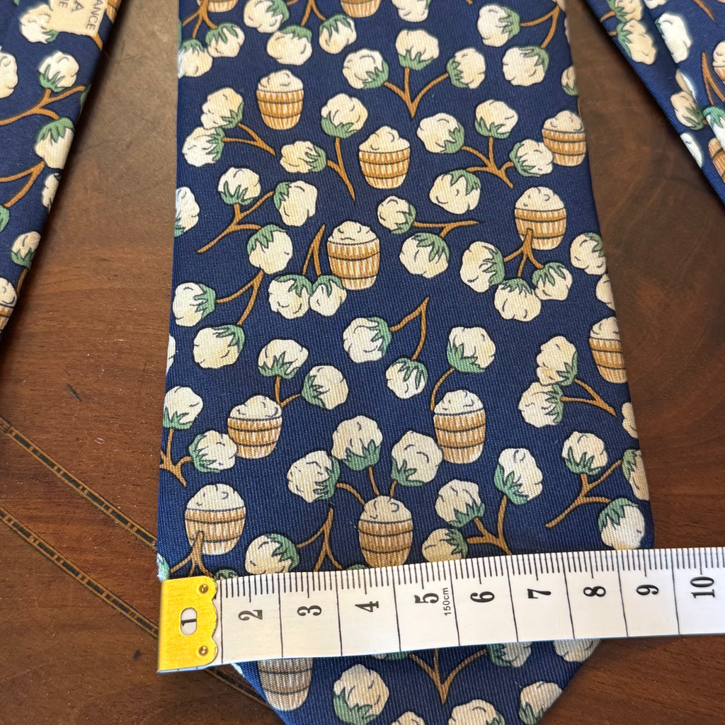 Hermes Cotton Plant Flowers Navy Blue Silk Tie