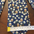 Hermes Cotton Plant Flowers Navy Blue Silk Tie